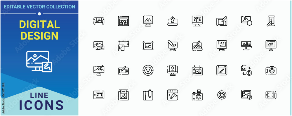 Poster digital design icon set in linear style. contains such symbols as digital, sketching, artwork, paint