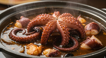 Steaming Octopus Stew Served In A Black Pot For A Seafood Meal