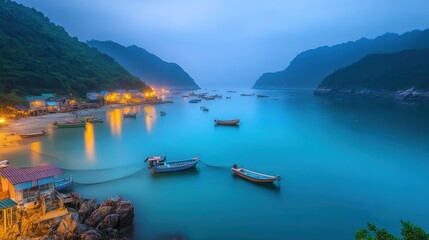 Tranquil Seaside Village at Dawn with Fishing Boats and Calm Waters