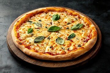 Freshly baked pizza Margherita topped with mozzarella and basil served on a wooden board
