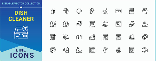 Dish Cleaner icon set. Includes symbols for wash, house, service, washing, hygiene, dish, bath and more. Dishwasher icon set. Modern thin line style icons. Editable stroke vector art.