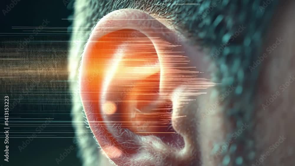 Poster Detailed medical visualization showing sound wave propagation entering human ear canal, representing complex auditory signal transmission and digital data interpretation process