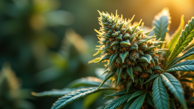 Close-up of a cannabis flower with sunlit leaves.