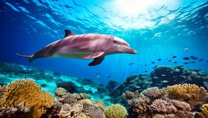 Fototapeta premium A majestic pink dolphin underwater, surrounded by swirling currents and rays of sunlight, in a cinematic underwater photography style 