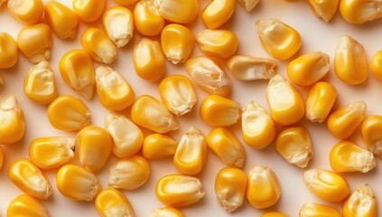 Fototapeta premium A Close-Up View of Glossy Yellow Corn Kernels Spread Across a Light Background, Highlighting Their Smooth Texture and Vibrant Coloration