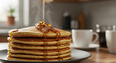 Stacked Pancakes With Dripping Syrup And Steaming Mugs In The Background