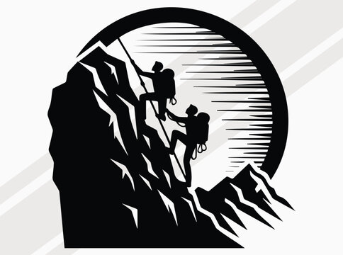 Black Silhouette of a Mountain Climber with Backpack on Steep Cliff with Sun in Background for Outdoor Adventure and Hiking Design Template