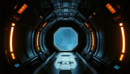 Fototapeta premium Dark, claustrophobic alien corridor; pulsating lights reflect on metallic walls, distant stars visible through cracked viewport, void, sci-fi