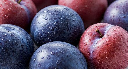 Obraz premium Juicy Plums With Water Droplets Close-Up Fresh Fruit Still Life