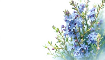 Fototapeta premium Delicate blue rosemary flowers and green foliage watercolor border, painting, wedding