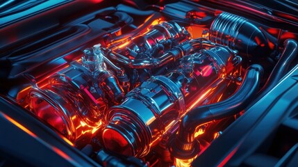 A high-performance twin-turbo V8 engine, red-hot exhaust headers glowing --ar 16:9 --v 6.1 Job ID: c02f0255-bcb0-4a1b-bbdc-44cab241527f