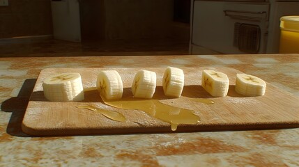 Slicing fresh bananas on rustic cutting board kitchen food photography natural lighting culinary art