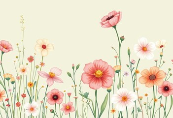 Delicate hand-drawn floral meadow pattern; perfect for kids' fabric, wallpaper, stationery, element, cute