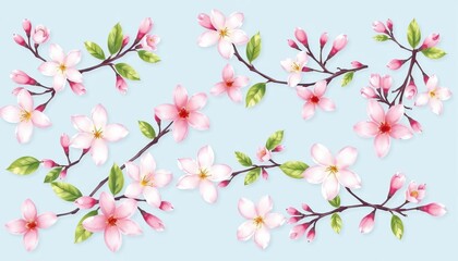 Delicate jasmine blossoms and branches arranged in a seamless watercolor pattern on a soft blue background, botanical, vector