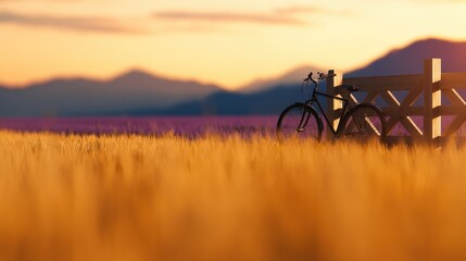 Fototapeta premium A serene sunset view with a bicycle resting against a rustic fence in a golden field