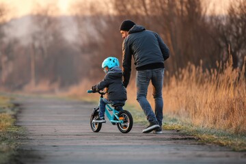 A father helps his young son learn to ride a bicycle on a path in the afternoon sun.