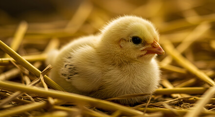 Innocent Gaze Little Chick Resting Comfortably in Nest on a Farm