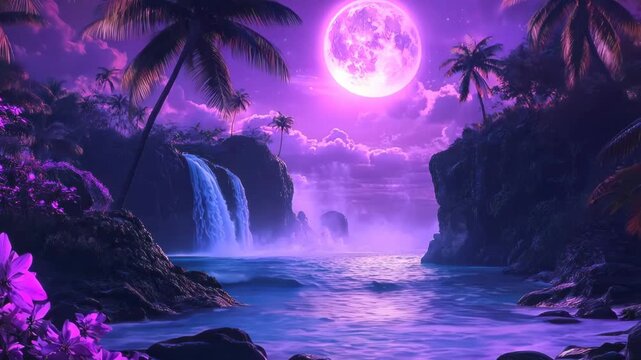 Tropical waterfall, pink moon, night, calm ocean, paradise