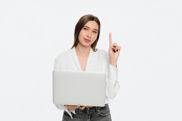 Smart caucasian young woman ceo manager bank employee worker boss having idea startup holding...