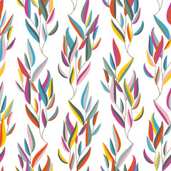 white background Abstract seamless pattern of colorful and bright  eucalyptus branches . Good for fabric, wrapping or digital paper, new and unique 