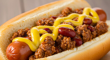 Savory Hot Dog Topped With Spicy Chili And Drizzled Mustard Sauce