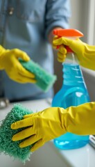 Two pairs of hands, clad in bright yellow gloves, engage in a collaborative cleaning effort, holding sponges and a spray bottle. This dynamic scene captures the essence of teamwork and the