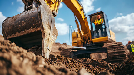 Fototapeta premium Mining worker operating a large excavator at a mining site. Featuring excavation and machinery operation