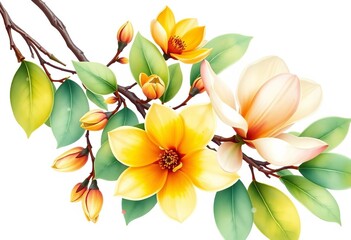 Obraz premium Delicate watercolor magnolia branch, vibrant yellow blossoms & green leaves on white, vivid, spring