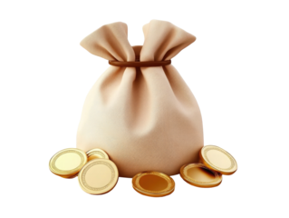 Bag with coins on transparent background