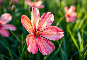 Delicate watercolor spring flower, vibrant hues, lush green meadow, countryside, botanical
