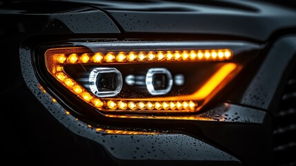 Close-up of modern vehicle headlight with LED strip