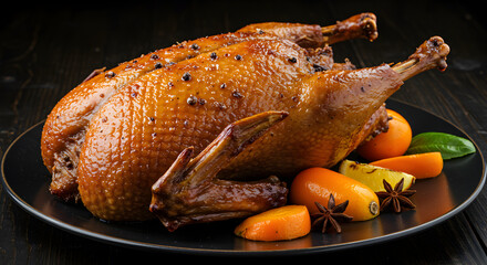 Elegant Roasted Goose Adorned with Festive Citrus Fruits And Star Anise