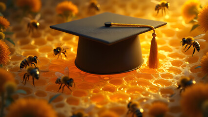 A graduation cap rests in a honeycomb hive, honey-tassel threads linking it. Diploma-bees read books. Hexagons glow with thesis text. Bell-flowers bloom.