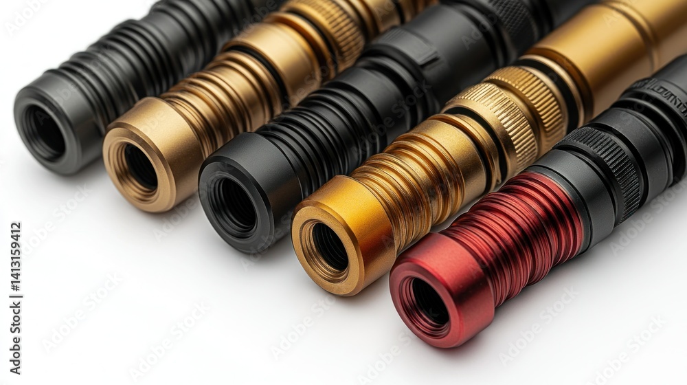 Poster close-up of several cylindrical components, varying in color, likely for technical applications