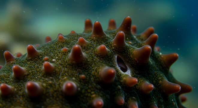 Close Up View Of A Sea Cucumber Skin And One Eye Underwater