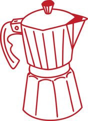 Classic Moka Pot Vector Illustration in Red Outline - Perfect for Coffee Culture and Kitchen Decor Projects