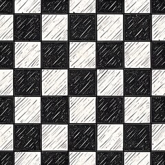 "Seamless checkerboard pattern with imperfect hand-drawn lines, playful black and white style"
