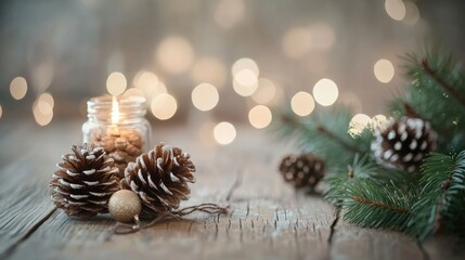 Winter Decor with Pinecones and Candle Glow on Rustic Wooden Table