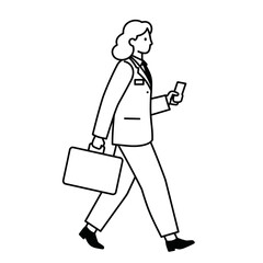 Assistant walking fast with a briefcase and phone against a white background  