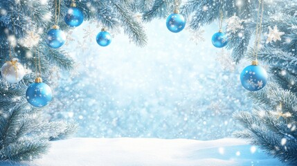 Winter Wonderland with Blue Ornaments and Snowy Background Scene