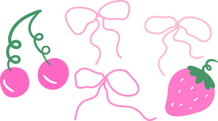 gentle pink bows berries vector elements isolated strawberry cherry simple hand drawn girly minimalist design textile decor soft colors