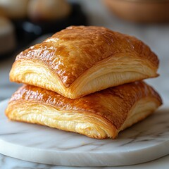 freshly baked croissant golden flaky layers crisp high-resolution details soft warm lighting clean white backdrop 