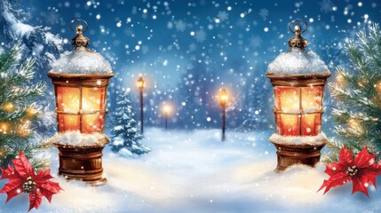 Winter Wonderland with Lanterns and Snowy Landscape at Night