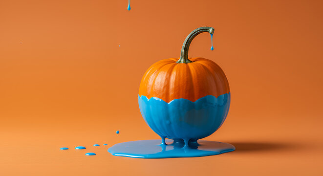 Vibrant Autumn Pumpkin Decor Blue Paint Dripping Orange Gourd