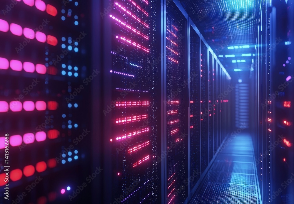 Poster modern data center aisle with vibrant pink and blue led lights illuminating server racks, showcasing