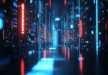 Obraz premium Futuristic data center corridor with glowing blue and red LED server racks, creating a high-tech and secure environment. Ideal for tech backgrounds and cybersecurity concepts