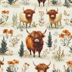 Seamless watercolor pattern showcasing charming highland cows and floral elements