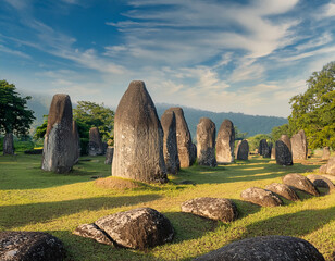 Ancient megalithic sites with large stone structures stand as mysterious remnants of Indonesia's prehistoric past.