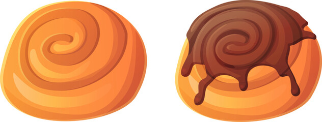 Set of two cartoon-style cinnamon rolls, one plain and one topped with dripping chocolate glaze. Tasty pastry elements isolated on white background, perfect for food-themed designs and bakery-related 