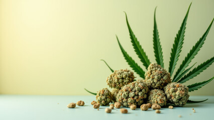 A collection of THC-A crystals and marijuana leaves on a white surface.